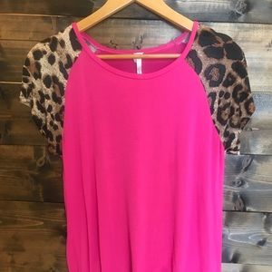 Hot pink tee with leopard sleeves
